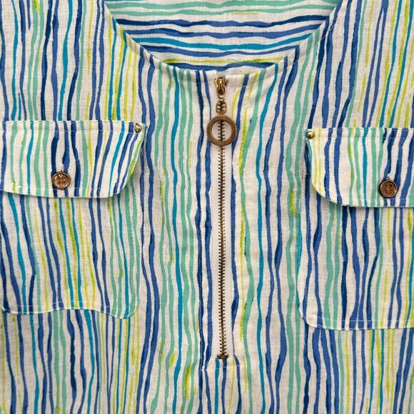 Cathy tunic M petite linen blend short tab sleeve zip front stripe beach resort - Picture 3 of 11